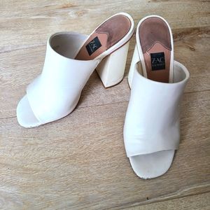 Zac Posen White Leather Slip On Mules - Chunky 4.5" Heel